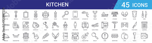 Set of 45 outline kitchen and cooking icons including ketchup, steamer, coffee maker, spatula, juicer. Editable stroke vector line icons for web and mobile apps