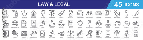Set of 45 outline law and legal vector icons including real estate law, criminal database, wills and trusts, police hat, employment law, witness for web and mobile design