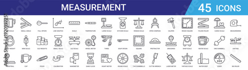 Set of 45 outline measurement and scale icons including rulers, thermometers, weights, spoons, meters, compass tools. Thin line vector web design collection
