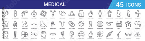 Set of 45 outline medical anatomy healthcare icons including human body x-ray, organs, bones, medications, bacteria, digestive system. Vector line style.