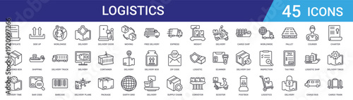 Set of 45 outline logistics and delivery icons including truck, barcode, shield, shipping, worldwide, express, cargo, package vector symbols for web and mobile design