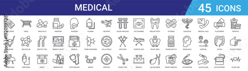 Set of 45 outline medical healthcare icons including medicine, pharmacy, dentist tools, drug pills, perfusion, molecular configuration, treatments vector for web and mobile