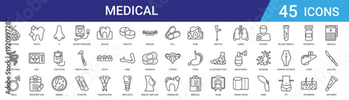Set of 45 outline medical healthcare icons including blood pressure, germs, crutches, prescription, ecg, tooth. Thin line vector set for web and mobile app design