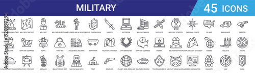 Set of 45 outline military and war vector icons including weapons, equipment, strategy, vehicles, and combat symbols for web design and mobile applications