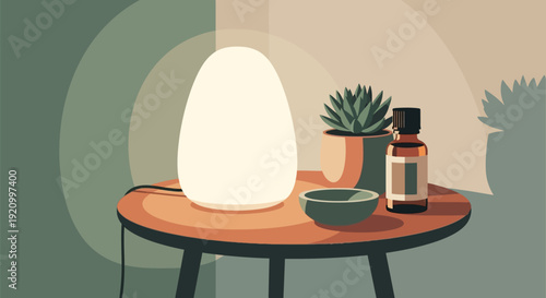 Humidifier and Essential Oil on Table.