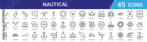 Set of 45 outline nautical and marine icons including cruise ship, captain hat, starfish, fishing hook, submarine, yacht. Editable stroke vector line icons for web and mobile UI