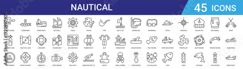 Set of 45 outline nautical and marine icons including shell, compass, lifesaver, speedboat, diving helmet, submarine, lighthouse. Vector line icons for web and mobile