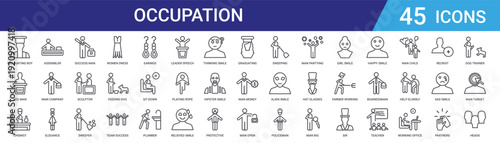 Set of 45 outline occupation and people icons including women dress, sweeper, sculptor, success, elegance, assembler vector illustrations for web and mobile UI design