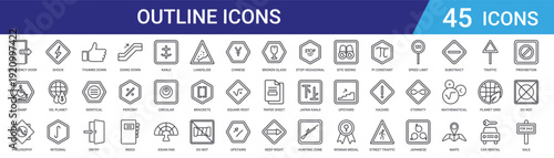 Set of 45 outline web icons including mathematical symbols, navigation signs, Japanese kanji, gestures, and interface elements. Thin line vector pack for modern design projects