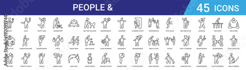 Set of 45 outline people and professions vector icons. Includes business, finance, medical, police, sports, worker figures. Modern thin line style for web and mobile UI design