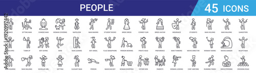 Set of 45 outline web icons of people, professions, activities, avatars. Vector collection includes students, bride, chef, director, sports, family, occupations in linear style