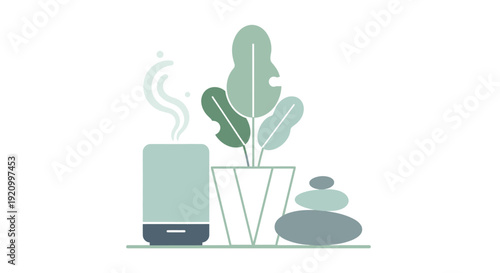 Humidifier with Potted Plant and Stones.
