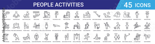 Set of 45 outline people activity icons including man diving, shopping, travelling, exercising, working. Line style vector icons for web design and mobile applications