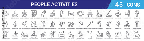 Set of 45 outline people activity icons including sports, work, daily life. Thin line vector icons for web design, mobile app, UI projects