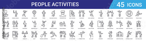 Set of 45 outline web icons including male users, pregnant, businessman dancing, knocking, cinema award, people activities. Vector icons for mobile app, UI design