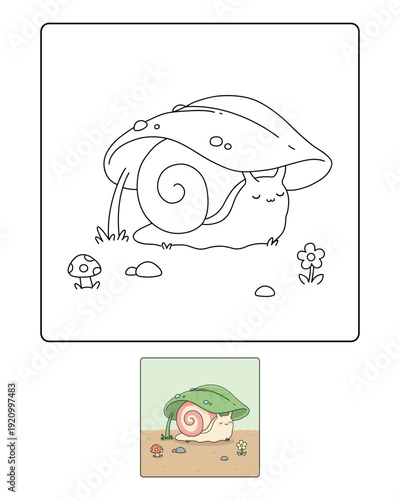 A coloring page of a cute snail sleeping under a leaf. A cozy spring coloring page. Illustration of a cute snail sheltering from the rain under a green leaf.