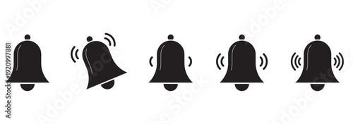 Notification bell message icon set. Notification bell icon. Incoming inbox message. New message notification icons collection. Alarm symbol. Stock vector. Black color set. EPS 10.