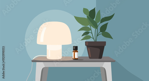 Table Lamp and Potted Plant on Table.