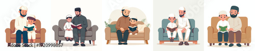 vector of father and boy sitting on sofa reading the Qur'an during Ramadan