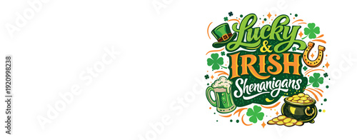 Saint Patricks Day Lucky and Irish Shenanigans Lettering with Shamrock Beer Pot of Gold Festive Illustration