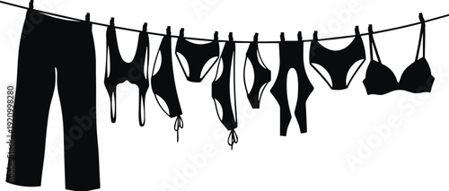 Black silhouette of laundry hanging on a clothesline including pants bras and underwear isolated on white background for domestic housework and laundry service design