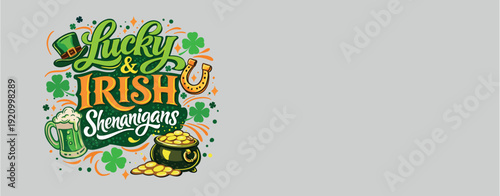 Saint Patricks Day Lucky and Irish Shenanigans Lettering with Shamrock Beer Pot of Gold Festive Illustration