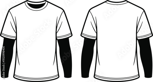 Blank white short sleeve t-shirt layered over black long sleeves mockup template front and back view isolated on white background for apparel design