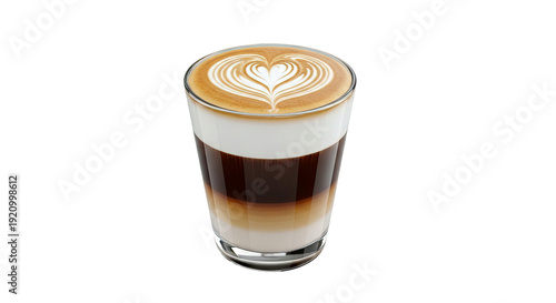 Latte macchiato with heart-shaped latte art in a glass