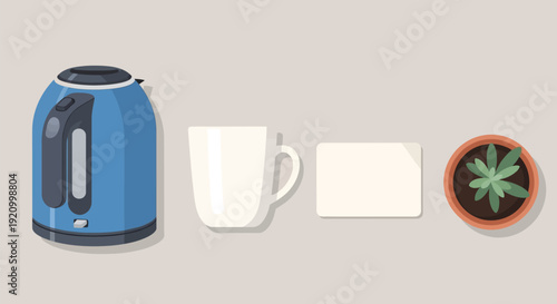 Electric Kettle Mug Sugar Plant Arrangement.