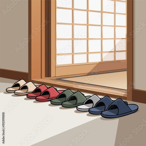 traditional japanese house entrance genkan with rows of slippers