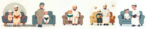 vector of father and boy sitting on sofa reading the Qur'an during Ramadan