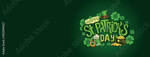 Saint Patricks Day Lettering Design with Shamrock Clover Leprechaun Hat Beer and Gold Irish Holiday Greeting Card Illustration