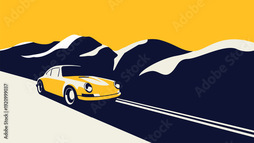 Vintage car driving on a scenic mountain road with a stunning landscape view