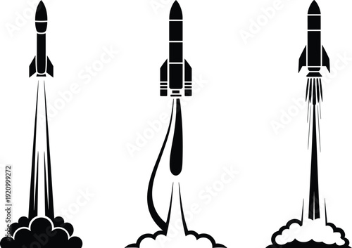 Black and white flat rocket launch icons set, isolated vector silhouette of spacecraft taking off with fire exhaust, smoke clouds, and propulsion, meaning it's perfect for startups