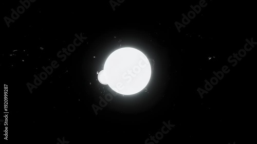 Two glowing orbs and scattered particles against a dark, starry background