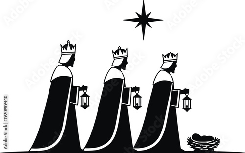 Black silhouette of three wise men kings following Bethlehem star to baby Jesus in manger, Christian Christmas nativity scene vector illustration for holiday