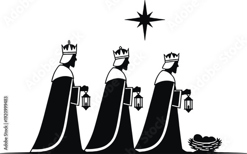 Black vector silhouette of the three wise men or kings following the North Star with lanterns to the manger for Christmas Nativity