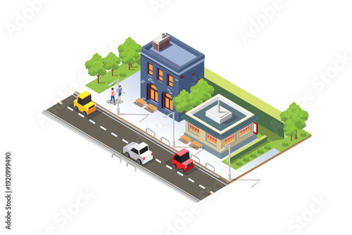 Isometric modern small house building with yard, supermarket, educational building. Isometric city map elements