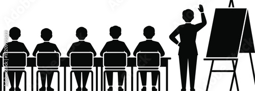 Business presentation silhouette of teacher or speaker with flip chart and students, corporate training session, educational seminar, office meeting, workshop, classroom lecture, professional coaching