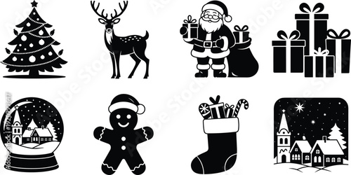 Christmas holiday vector icons set, featuring Santa Claus, reindeer, pine tree, gifts, gingerbread man, snow globe, stocking, and winter village scene, black silhouette illustrations