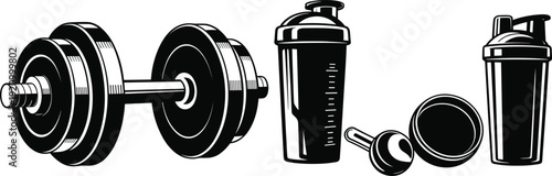 Gym fitness workout vector illustration featuring heavy metal dumbbell, protein powder shaker bottles, and supplement scoop for bodybuilding, sports nutrition, and health training