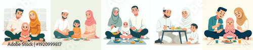 vector happily muslim family sitting together on floor