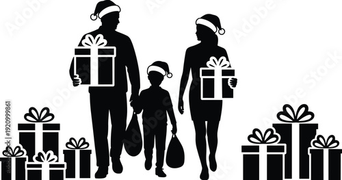 Happy family silhouette wearing Santa hats carrying Christmas gifts, parents and child with holiday presents, winter celebration, festive seasonal shopping, New Year vacation