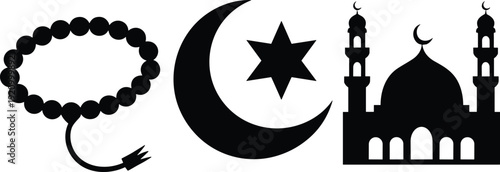 Islamic symbols silhouette set with mosque crescent star and prayer beads isolated on white background religious vector illustration