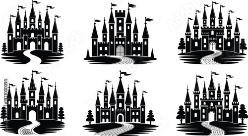 Set of castle silhouettes, fairy tale fortress icons, medieval palace architecture, magic kingdom vector illustration, royal stone tower icons for fantasy design, kingdom logo