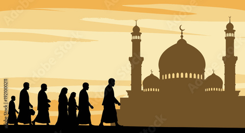 Silhouette of Mosque and People Walking.