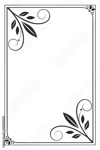 An elegant decorative border with floral and leaf motifs in the corners. The design features swirling vines in the top left and bottom right corners, while the other corners have simpler leaf.