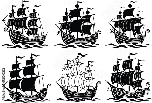 Set of vintage sailing ship silhouettes, nautical pirate galleon icons, antique maritime vessel illustrations, old caravel boat sketches, black vector sea symbols