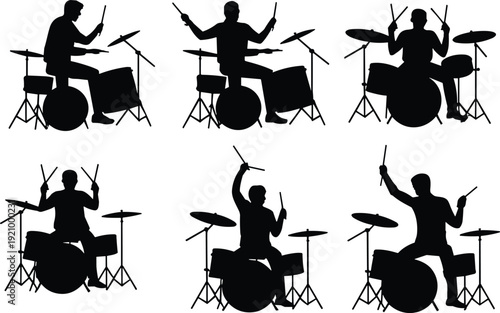 Drummer silhouette set playing drum kit on white background music band performance musician vector illustration collection