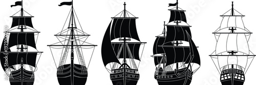 Set of vintage silhouette pirate ships and majestic sailing vessels with detailed masts and rigging, isolated black and white maritime vector illustration collection